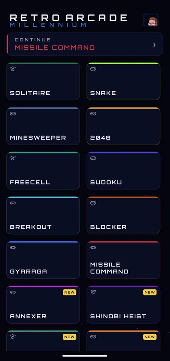 Home screen showing all fourteen games, including the newest additions